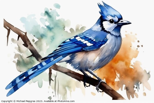 Watercolor painted jay bird on a white background. Picture Board by Michael Piepgras