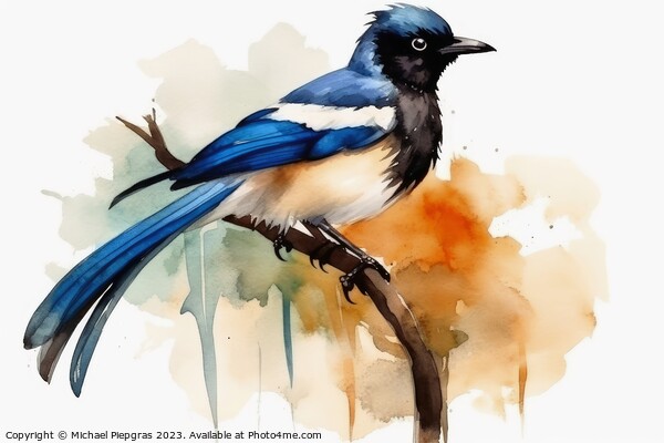 Watercolor painted magpie on a white background. Picture Board by Michael Piepgras