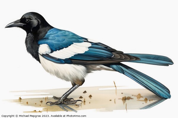 Watercolor painted magpie on a white background. Picture Board by Michael Piepgras