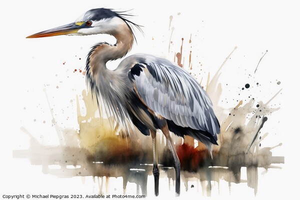Watercolor painted grey heron on a white background. Picture Board by Michael Piepgras