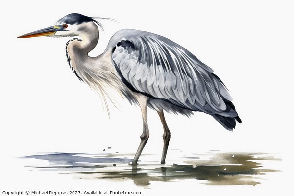 Watercolor painted grey heron on a white background. Picture Board by Michael Piepgras