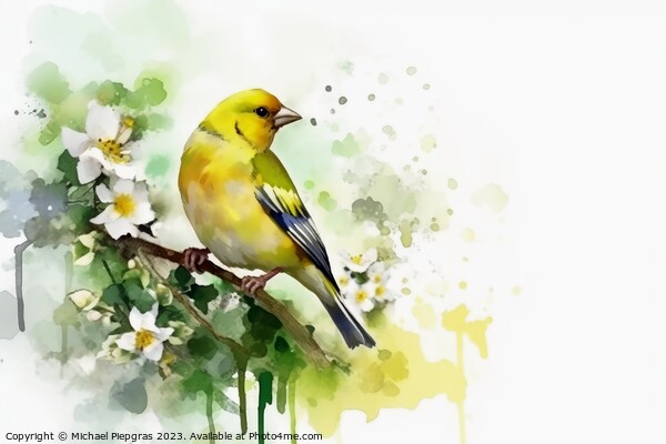 Watercolor painted greenfinch on a white background. Picture Board by Michael Piepgras