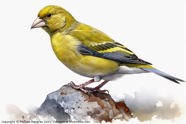 Watercolor painted greenfinch on a white background. Picture Board by Michael Piepgras