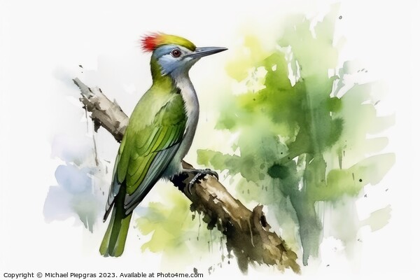 Watercolor painted green woodpecker on a white background. Picture Board by Michael Piepgras