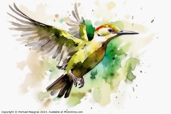 Watercolor painted green woodpecker on a white background. Picture Board by Michael Piepgras