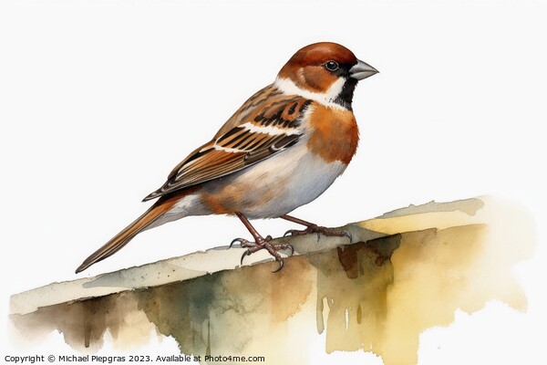 Watercolor painted house sparrow on a white background. Picture Board by Michael Piepgras