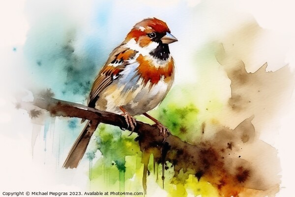 Watercolor painted house sparrow on a white background. Picture Board by Michael Piepgras
