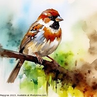 Buy canvas prints of Watercolor painted house sparrow on a white background. by Michael Piepgras