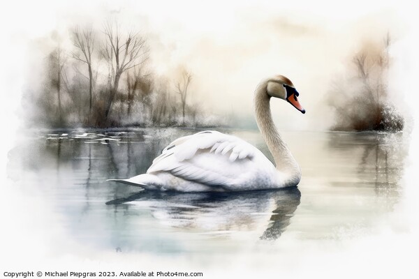 Watercolor painted white swan on a white background. Picture Board by Michael Piepgras