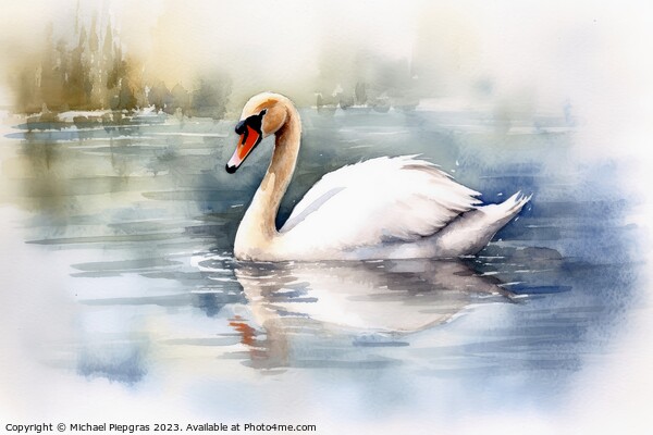 Watercolor painted white swan on a white background. Picture Board by Michael Piepgras