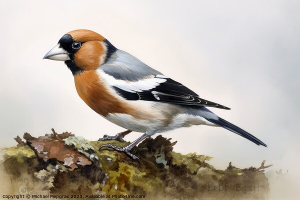 Watercolor painted hawfinch on a white background. Picture Board by Michael Piepgras