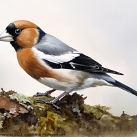 Buy canvas prints of Watercolor painted hawfinch on a white background. by Michael Piepgras