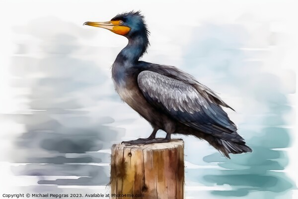 Watercolor painted cormorant on a white background. Picture Board by Michael Piepgras
