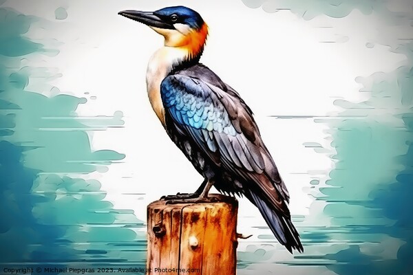 Watercolor painted cormorant on a white background. Picture Board by Michael Piepgras