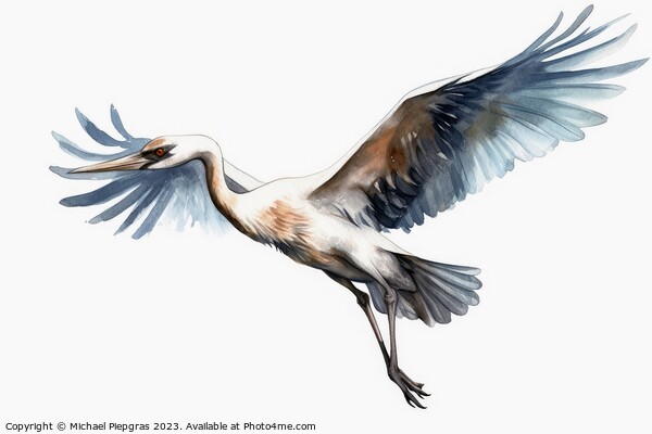 Watercolor painted crane bird on a white background. Picture Board by Michael Piepgras