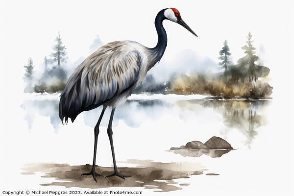 Watercolor painted crane bird on a white background. Picture Board by Michael Piepgras
