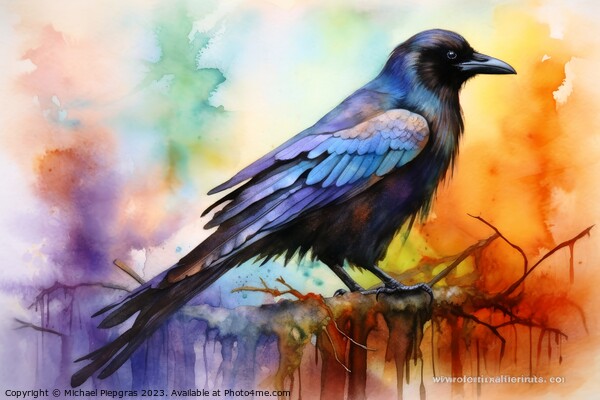 Watercolor painted raven crow on a white background. Picture Board by Michael Piepgras