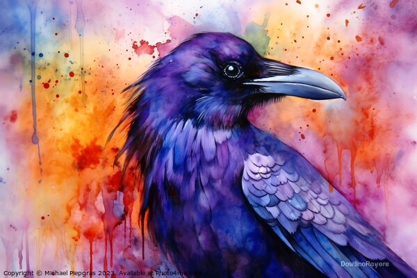 Watercolor painted raven crow on a white background. Picture Board by Michael Piepgras