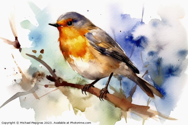 Watercolor painted robin bird on a white background. Picture Board by Michael Piepgras