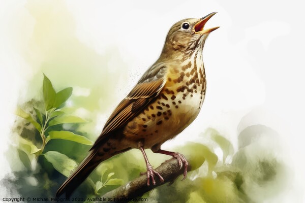 Watercolor painted song thrush bird on a white background. Picture Board by Michael Piepgras