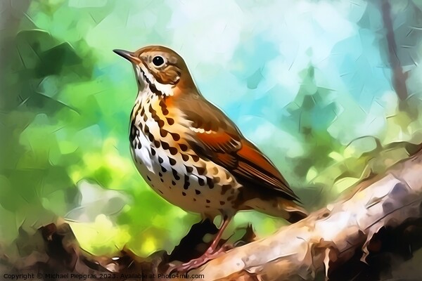 Watercolor painted song thrush bird on a white background. Picture Board by Michael Piepgras