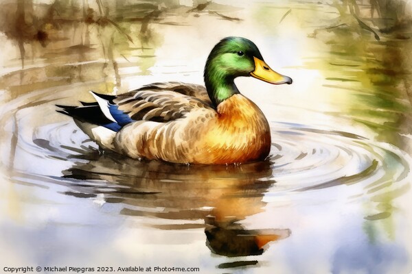 Watercolor painted mallard duck on a white background. Picture Board by Michael Piepgras
