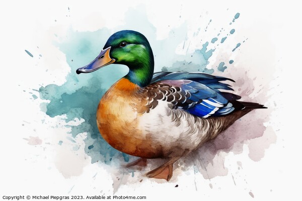 Watercolor painted mallard duck on a white background. Picture Board by Michael Piepgras