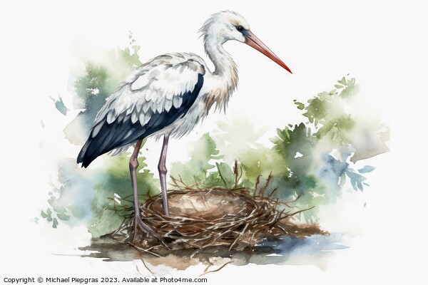 Watercolor painted white stork on a white background. Picture Board by Michael Piepgras