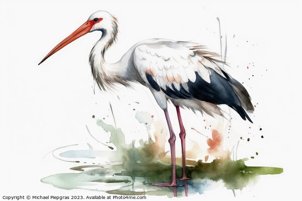Watercolor painted white stork on a white background. Picture Board by Michael Piepgras