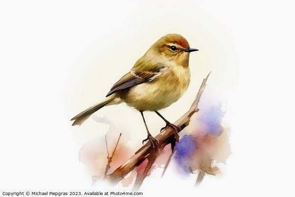 Watercolor painted chiffchaff bird on a white background. Picture Board by Michael Piepgras