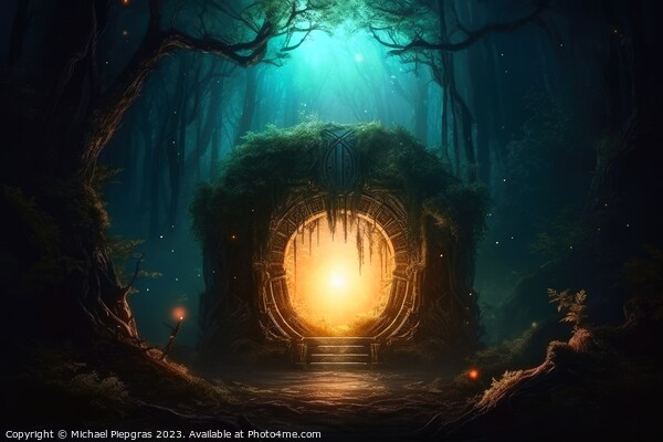 A mysterious portal into a fantasy world in a glowing forest at  Picture Board by Michael Piepgras
