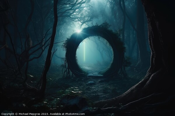 A mysterious portal into a fantasy world in a glowing forest at  Picture Board by Michael Piepgras