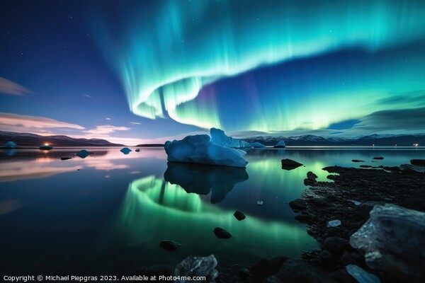 An iceberg landscape with water reflection the aurora borealis i Picture Board by Michael Piepgras
