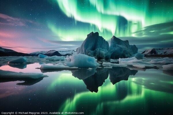 An iceberg landscape with water reflection the aurora borealis i Picture Board by Michael Piepgras