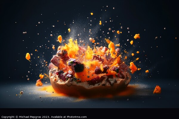 Exploding pizza on a dark background created with generative AI  Picture Board by Michael Piepgras