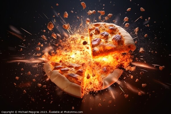 Exploding pizza on a dark background created with generative AI  Picture Board by Michael Piepgras