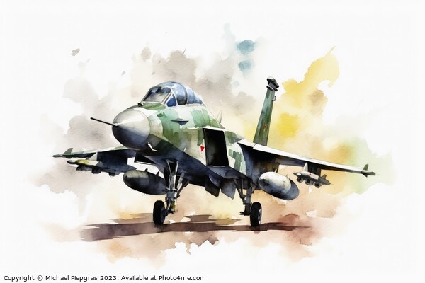 Watercolor military jet on white background created with generat Picture Board by Michael Piepgras