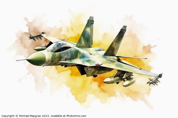 Watercolor military jet on white background created with generat Picture Board by Michael Piepgras