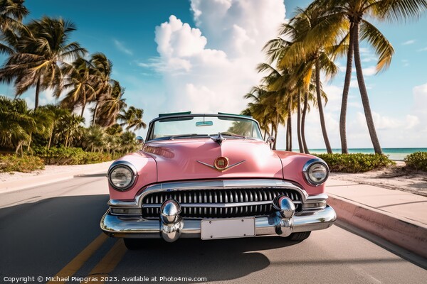 A pink caddilac on a road with palm trees at florida beach creat Picture Board by Michael Piepgras