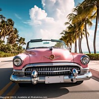 Buy canvas prints of A pink caddilac on a road with palm trees at florida beach creat by Michael Piepgras