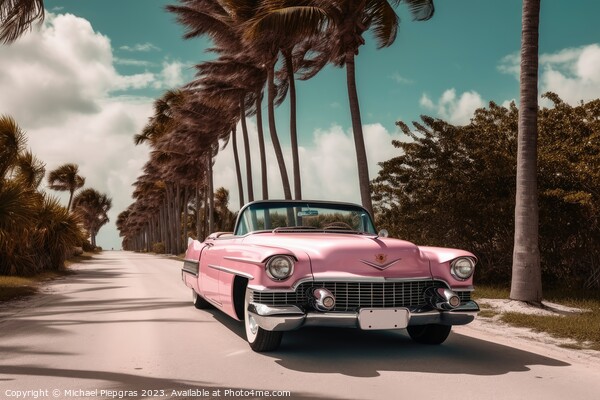 A pink caddilac on a road with palm trees at florida beach creat Picture Board by Michael Piepgras