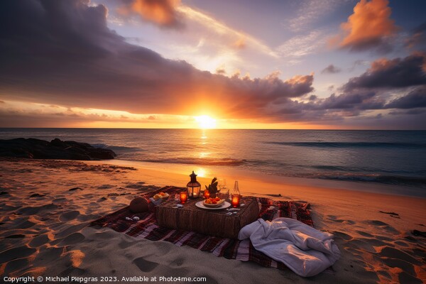 A romantic picnic on a tropical beach at sunset created with gen Picture Board by Michael Piepgras