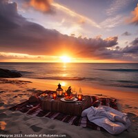 Buy canvas prints of A romantic picnic on a tropical beach at sunset created with gen by Michael Piepgras