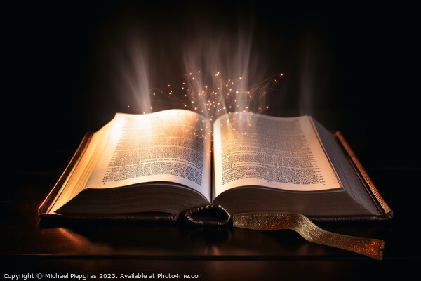 A shining holy bible with a glowing halo created with generative Picture Board by Michael Piepgras
