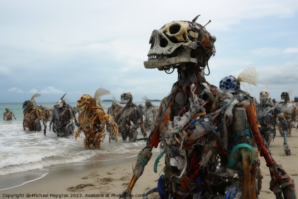 A swarm of evil plastic waste figures conquers the beach from th Picture Board by Michael Piepgras