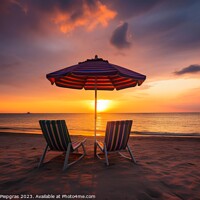 Buy canvas prints of Two beach chairs and a little table with a colorful parasol dire by Michael Piepgras