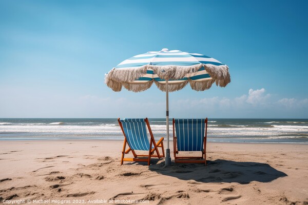 Two beach chairs with a parasol directly on the beach created wi Picture Board by Michael Piepgras