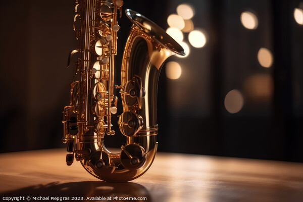 Close-up of a saxophone with reflections and a soft bokeh of lig Picture Board by Michael Piepgras
