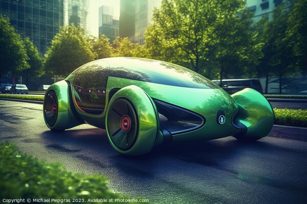 Futuristic electric car in a green city created with generative  Picture Board by Michael Piepgras