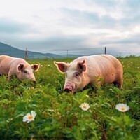 Buy canvas prints of Pigs on a green meadow on a farm created with generative AI tech by Michael Piepgras